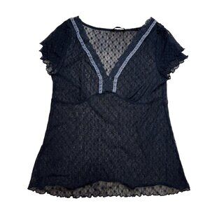 Y2K H&M Black Sheer Goth Lace V Neck Top With Ruffle Sleeves
